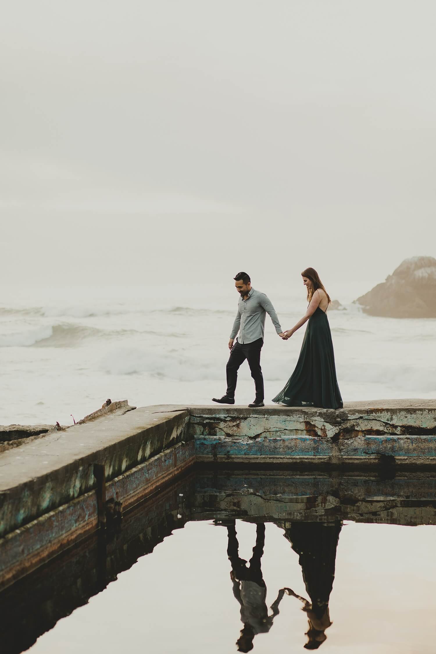 san francisco lands end sutro baths presidio baker beach rocks trees forest natural candid lifestyle engagement session engagement photos with dog