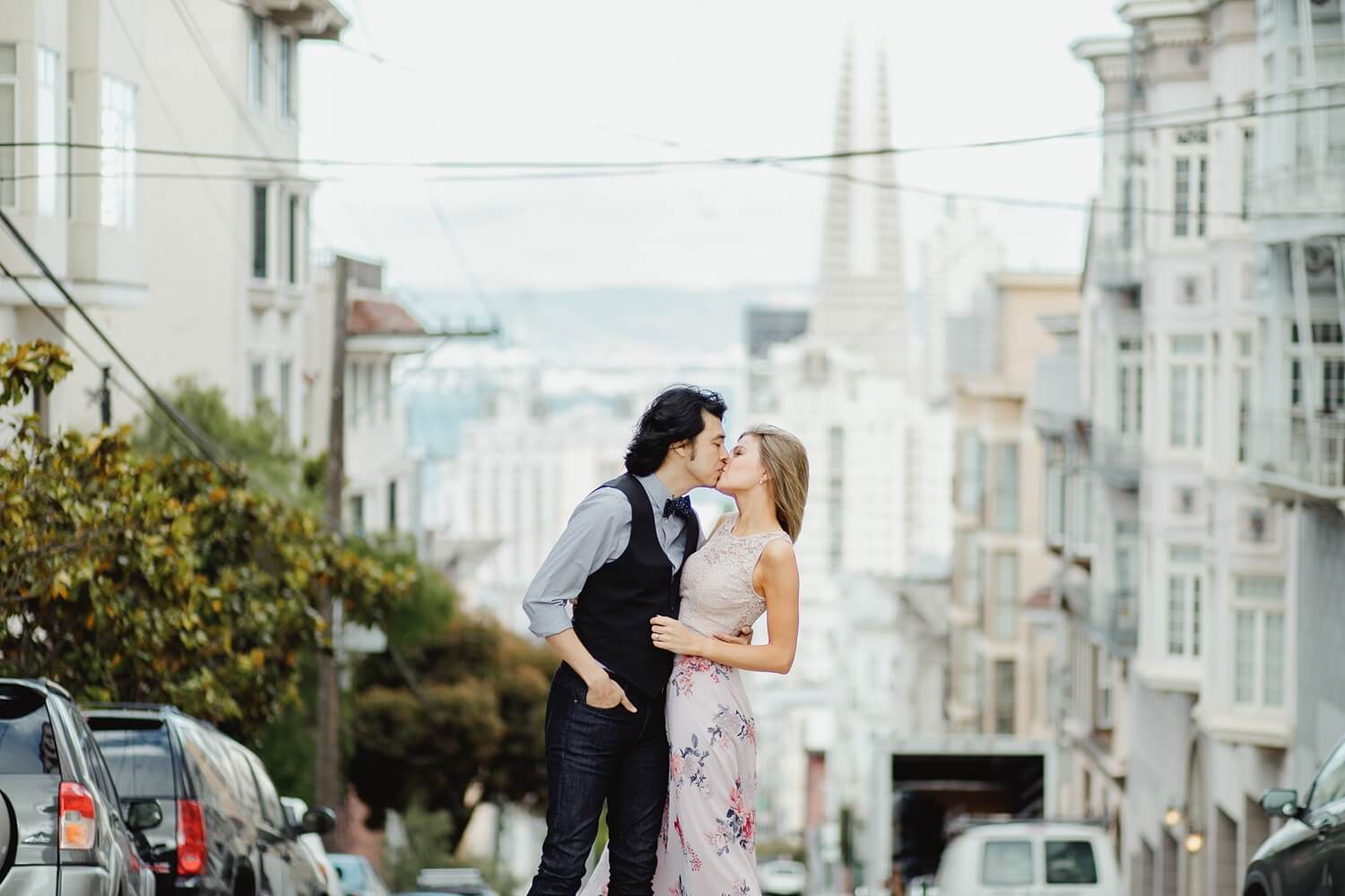 nob hill san francisco engagement session urban photoshoot brick wall cute houses painted ladies sf bay area wedding photographers