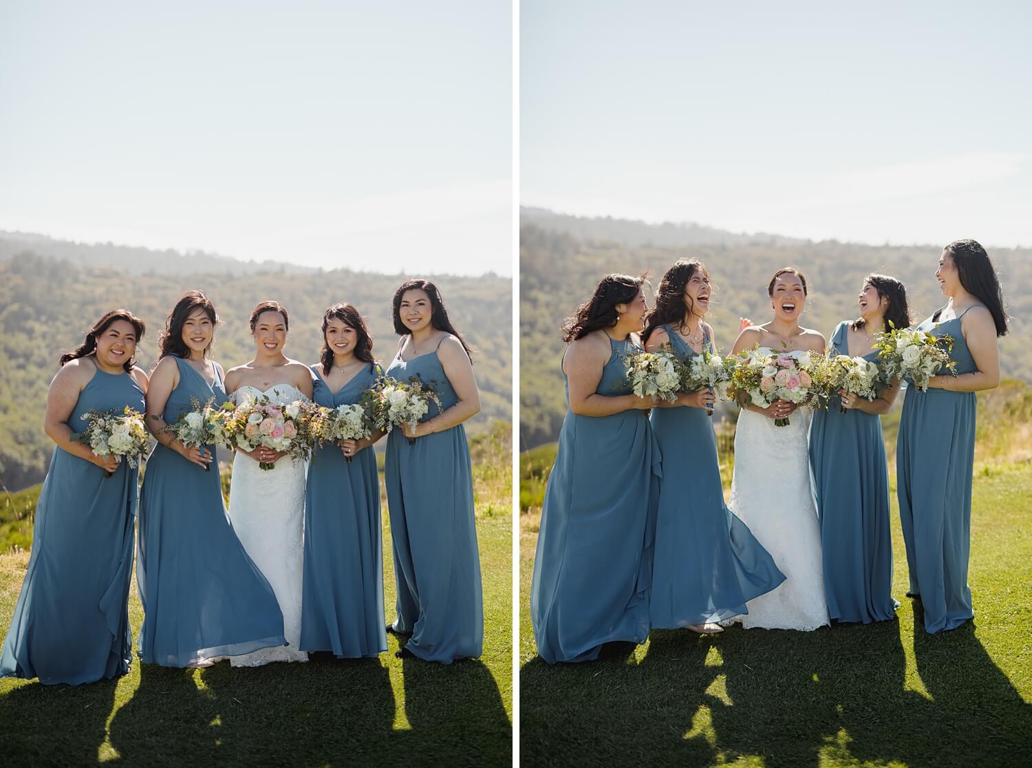 Bridesmaids laughing in sunny field